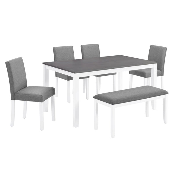 English Elm 6 Piece Rubberwood Dining Set with Bench and Linen Chairs for Transitional Kitchen W1998S00098