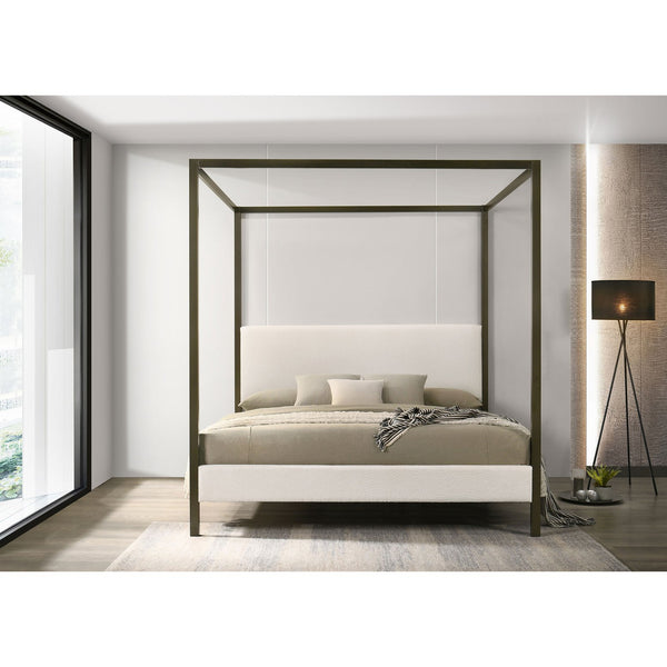 English Elm Mellie Vanilla Eastern King Canopy Bed with Bronze Frame, Upholstered Posts & Elegant Modern Lines B062S01058