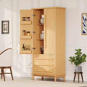 English Elm 70" Tall Pantry Cabinet Rubberwood Legs Three Drawers Six Door Shelves Kitchen Storage Natural N762P326960N