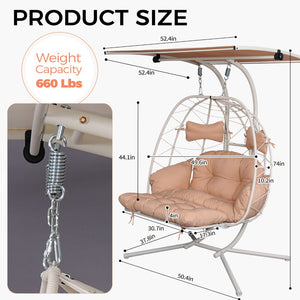 English Elm 2-person Outdoor Wicker Egg Chair Hanging Swing with Canopy Stand and Cushions Beige+White T5880P502253