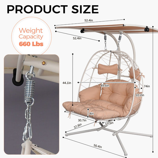 English Elm 2-person Outdoor Wicker Egg Chair Hanging Swing with Canopy Stand and Cushions Beige+White T5880P502253