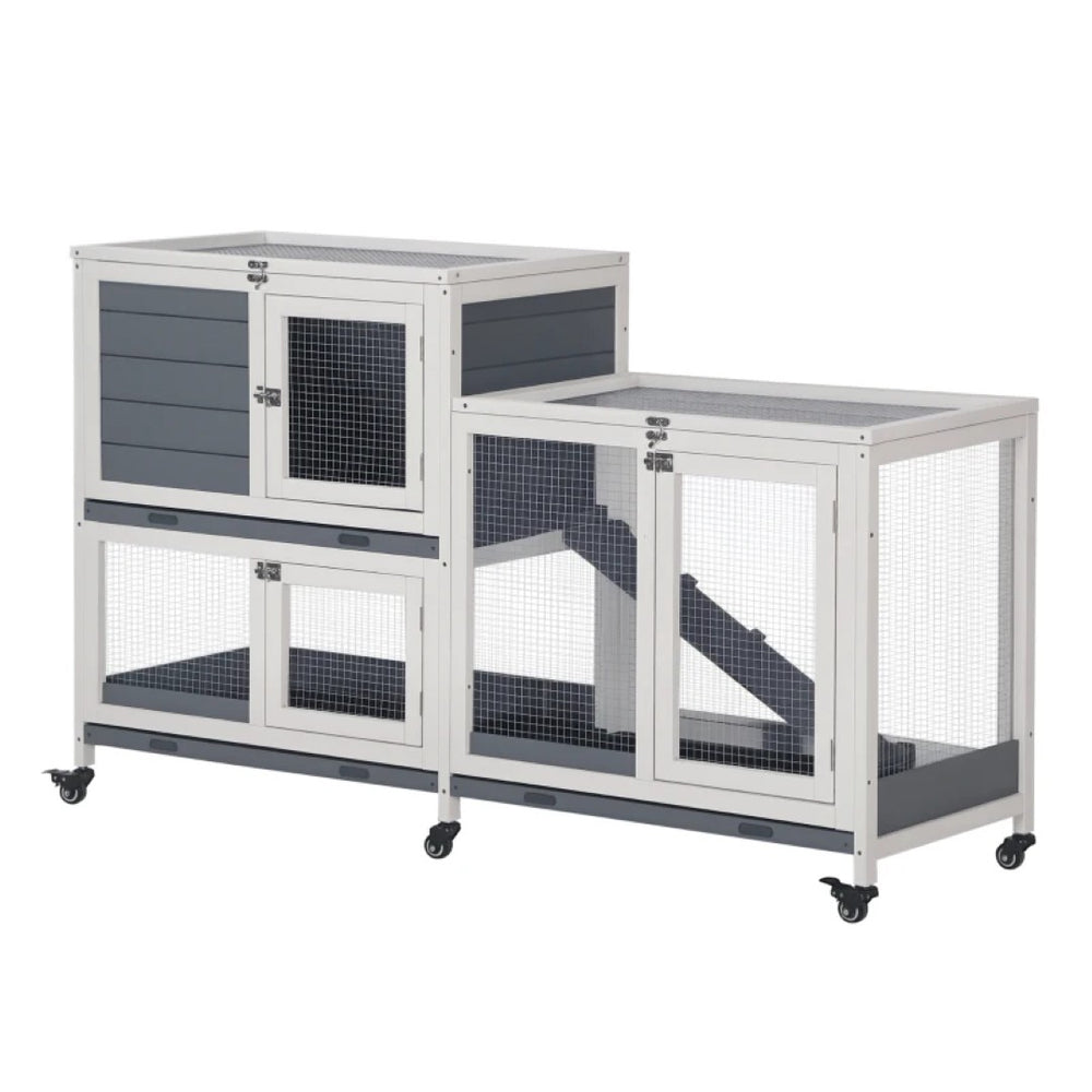 English Elm Pet Rabbit Hutch Two Story Fir Wood Cage with Rolling Casters and Pull Out Tray T3971P436495