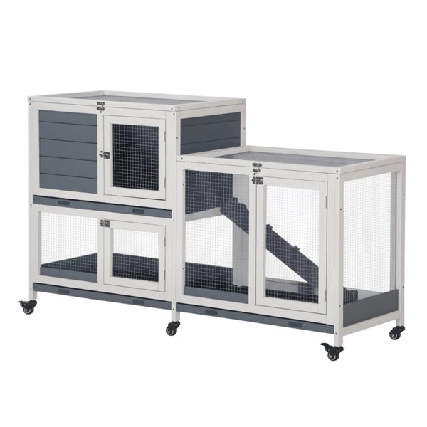 English Elm Pet Rabbit Hutch Two Story Fir Wood Cage with Rolling Casters and Pull Out Tray T3971P436495
