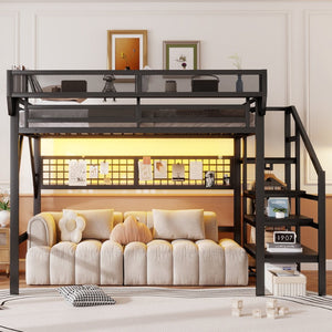 English Elm Queen Metal Loft Bed with Staircase Wardrobe Rgb Lighting Industrial Frame W2580S00067