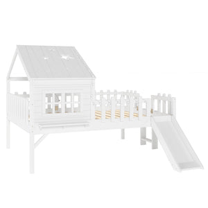 English Elm Twin Playhouse Loft Bed Solid Pine Frame with Slide Led Lights and Star Roof White W5316S00004