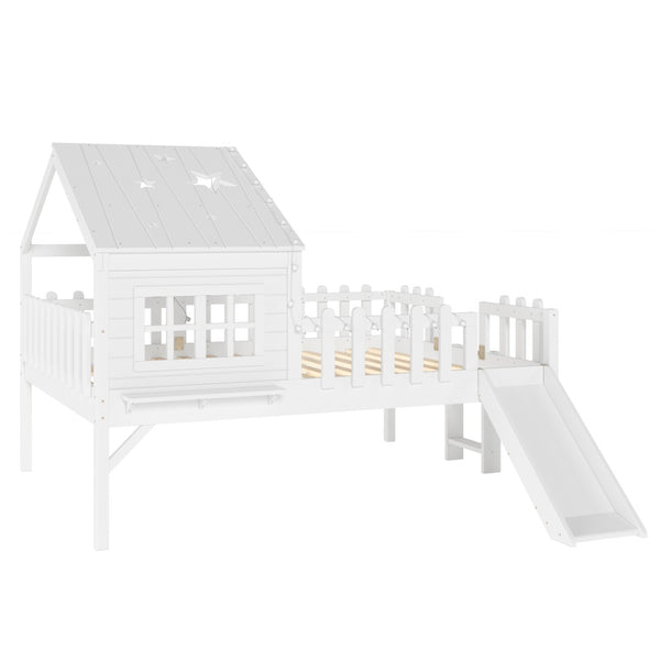 English Elm Twin Playhouse Loft Bed Solid Pine Frame with Slide Led Lights and Star Roof White W5316S00004