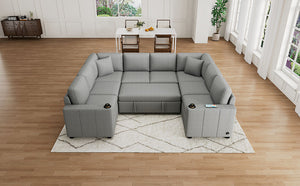 English Elm 107.1" Sectional Sofa Convertible U-Shaped Pull-Out Bed with USB Ports, Chenille, Cup Holders, Elegant Stitching Gray N719S001931E