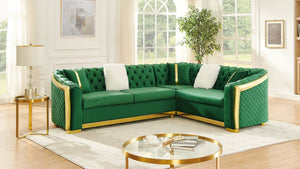 English Elm 106 Inch Velvet Tufted Chesterfield Sectional with Gold Steel Legs for Large Living Rooms Green W1191S00127