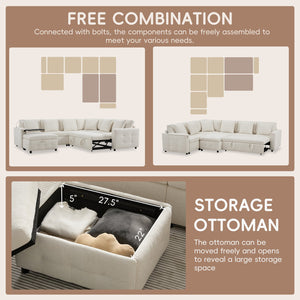 English Elm 117*90'' Modular Sectional Sofa Bed with Flip-Up Table, Reading Lamps, Charging Ports, Ottoman Storage, Tufted Chenille Elegance Cream N723S9798A