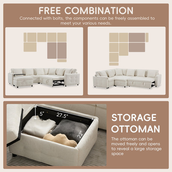 English Elm 117*90'' Modular Sectional Sofa Bed with Flip-Up Table, Reading Lamps, Charging Ports, Ottoman Storage, Tufted Chenille Elegance Cream N723S9798A