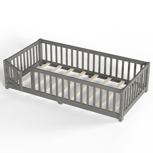 English Elm Twin Floor Bed Solid Pine Frame with Guardrails and Door for Safe Kid Sleep W1580P433575