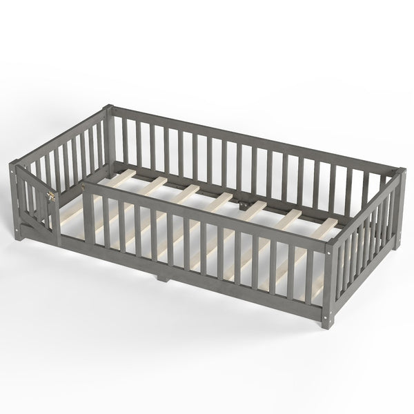 English Elm Twin Floor Bed Solid Pine Frame with Guardrails and Door for Safe Kid Sleep W1580P433575