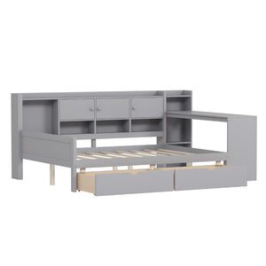 English Elm Full Size L-shaped Daybed with Built-in Desk Bookshelf and Storage for Small Spaces N733S351674E