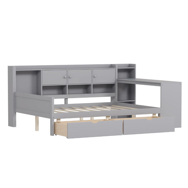 English Elm Full Size L-shaped Daybed with Built-in Desk Bookshelf and Storage for Small Spaces N733S351674E