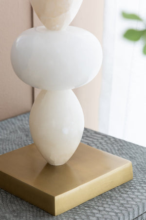 English Elm D14x26.3" White and Gold Three-Tier Round Table Lamp with Alabaster Accents and Drum Shade, 26.3" W2078P395820