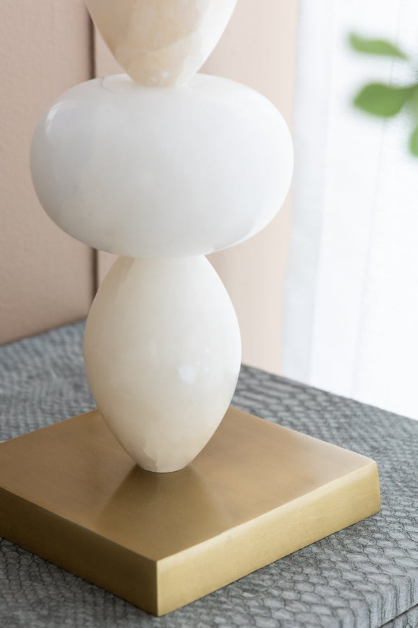 English Elm D14x26.3" White and Gold Three-Tier Round Table Lamp with Alabaster Accents and Drum Shade, 26.3" W2078P395820