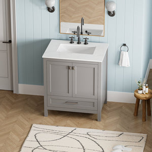 English Elm Freestanding Bathroom Vanity Solid Wood Frame Carrara Marble Top Soft Close Storage W1573S00086