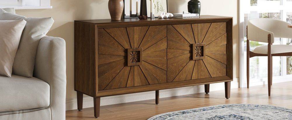 English Elm 60'' Premium Rustic American Farmhouse Credenza with Sunburst Doors, Heavy-Duty 200lb Top, Adjustable Shelves W1445P365598