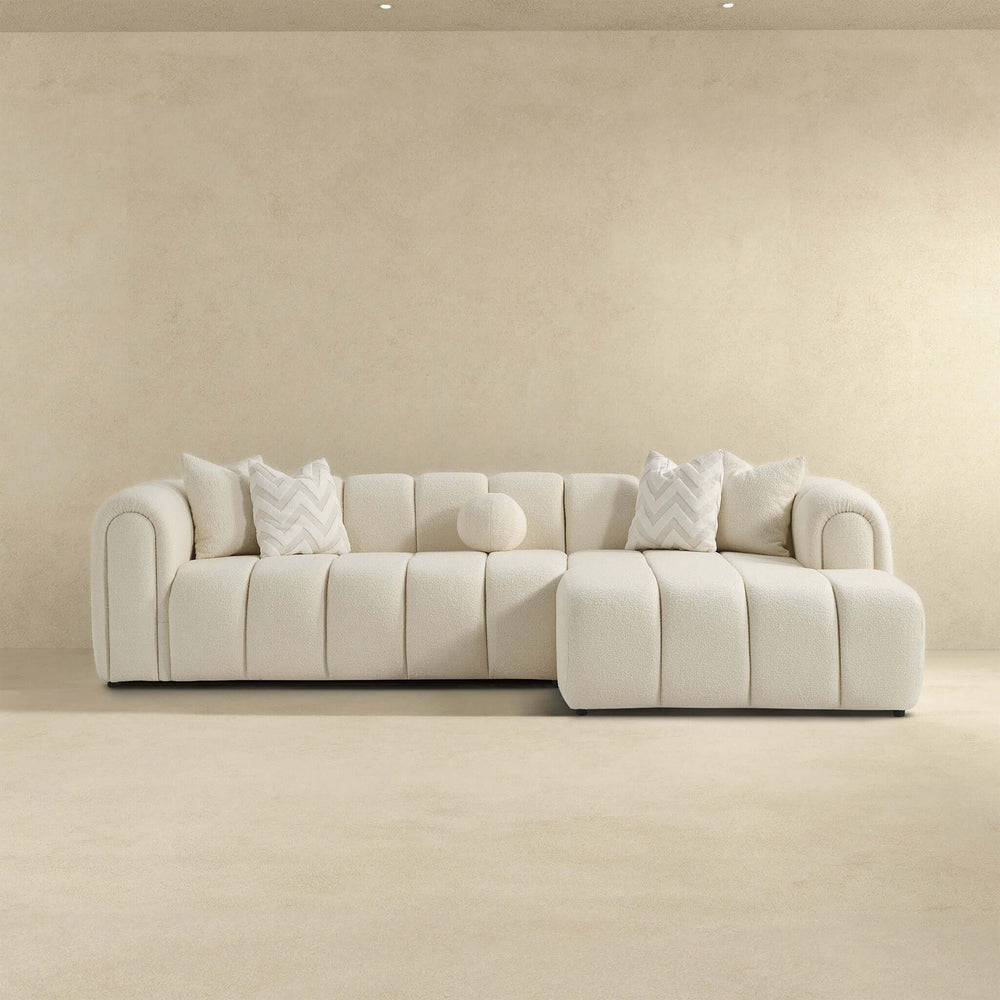 English Elm Ashcroft Furniture - Beatrice Ivory Boucle Right Sectional Sofa — Mid-Century Tufted Design, 4 Toss Pillows, Semi-Firm Foam Comfort B183S00091