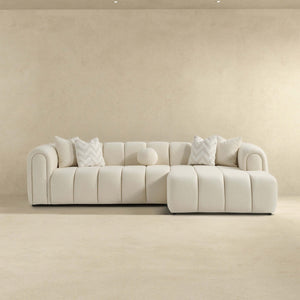 English Elm Ashcroft Furniture - Beatrice Ivory Boucle Right Sectional Sofa — Mid-Century Tufted Design, 4 Toss Pillows, Semi-Firm Foam Comfort B183S00091