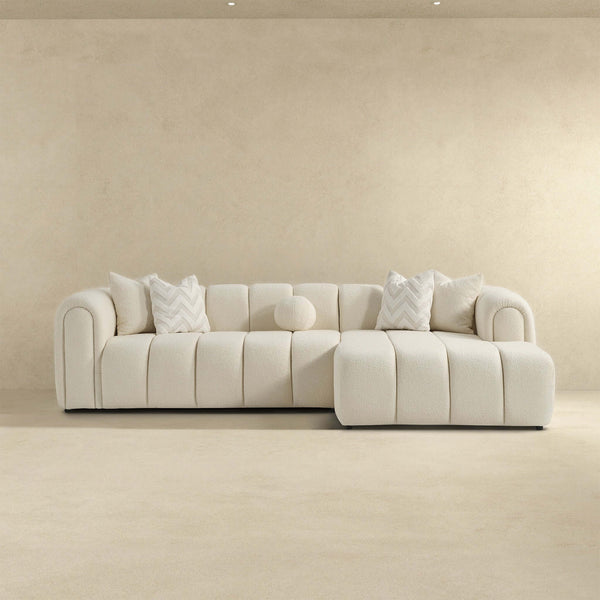 English Elm Ashcroft Furniture - Beatrice Ivory Boucle Right Sectional Sofa — Mid-Century Tufted Design, 4 Toss Pillows, Semi-Firm Foam Comfort B183S00091