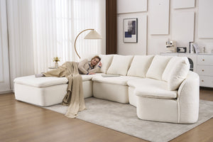 English Elm 133'' Modular U-shaped Sectional Chenille Sofa with Removable Recliner for Spacious Rooms Milk White W2231S00050