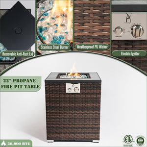 English Elm 24" 50000 BTU Propane Fire Pit Table with Windshield, Ceramic Tile Top, Wicker Base & Cover W85343026