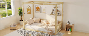 English Elm Twin Canopy Floor Bed Rubberwood Frame with Fence Guardrails for Kids Bedroom Natural W504P351804