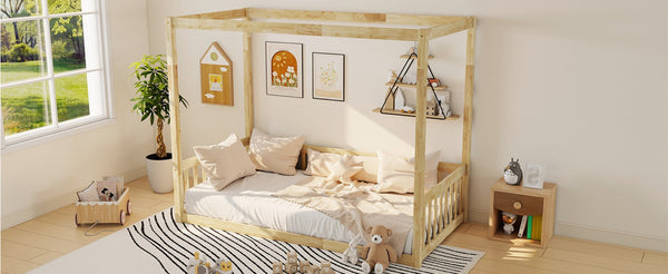 English Elm Twin Canopy Floor Bed Rubberwood Frame with Fence Guardrails for Kids Bedroom Natural W504P351804