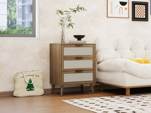 English Elm 3 Drawer Cabinet with Rattan Fronts, Anti-Tip Safety, Tapered Solid Wood Legs, Breathable Back Panel W688121311