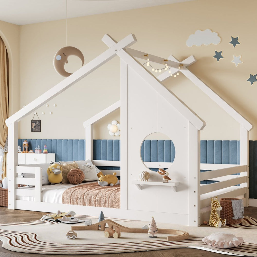 English Elm Twin House Bed Low Profile Pine Wood Frame with Shelf Montessori Kids Floor Sleeping Light White W5305P429644