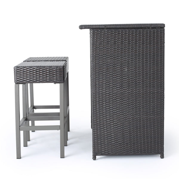 English Elm Christopher Knight Home® - TORONTO Rattan Bar Island Set Brown Multi with 2 Stools, Built-In Shelves & Compact 41.5x25.75x14.75" 60089.00