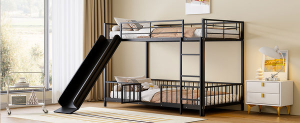 English Elm Twin Twin over Twin metal bunk bed with slide, guardrails and convertible loft design for safety and playfulness Black SF000169AAB