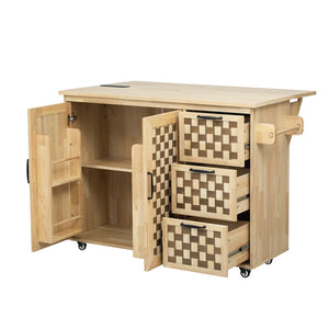 English Elm K&K Vintage Woven Checkerboard Kitchen Island 53.2" with Drop Leaf, Power Outlet, 5 Wheels, Storage N707P215328Y