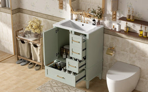 English Elm 24" Olive Bathroom Vanity Solid Wood Frame Ceramic Sink Gold Hardware Soft Close Green N729P373276F