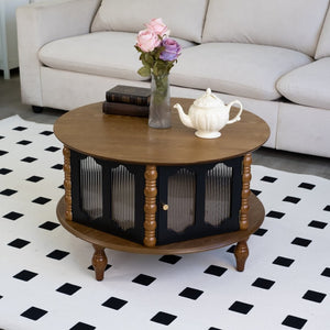 English Elm 31.5-inch Round Carved Wood Coffee Table Vintage Distressed Finish Living Room Accent W3935P406107