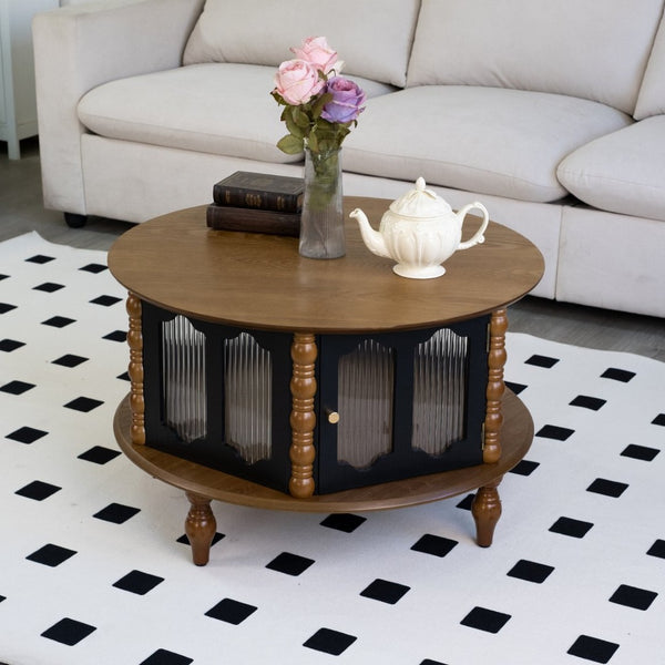 English Elm 31.5-inch Round Carved Wood Coffee Table Vintage Distressed Finish Living Room Accent W3935P406107