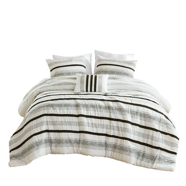 JLA Home Madison Park - 7 Piece Stripe Comforter and Quilt Set Coastal-Boho King Bedding with Plush Microfiber, Textured Coverlet, Wrinkle-Resistant Black MP10-8487