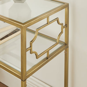 English Elm Grifton Two-Tier Rectangular Accent Table in Antique Gold Metal with Tempered Glass Shelves, 26.5" L B050P364437