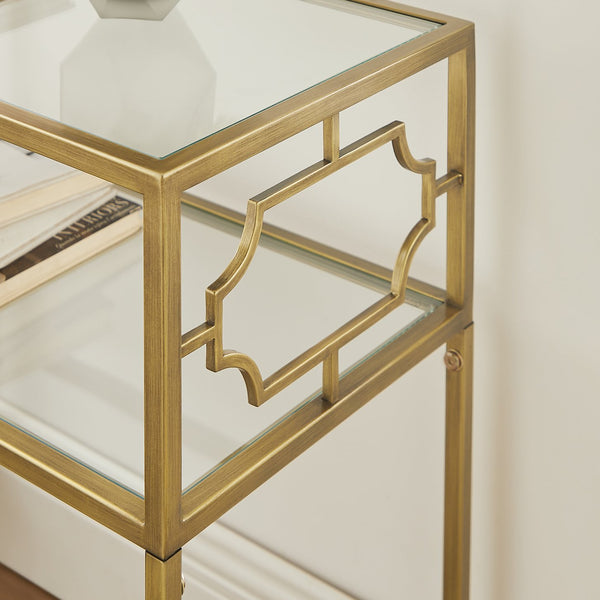English Elm Grifton Two-Tier Rectangular Accent Table in Antique Gold Metal with Tempered Glass Shelves, 26.5" L B050P364437