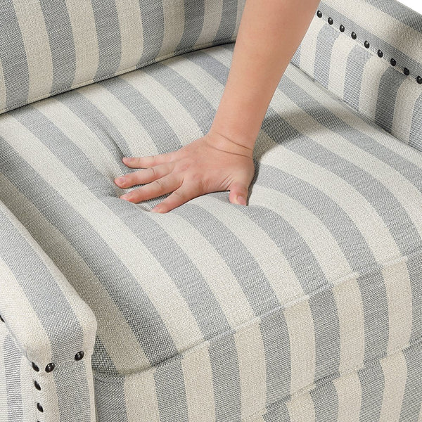 English Elm 1pc Push Back Recliner Chair in Beige-Blue Stripe Fabric with Nailhead Trim, Solid Wood Frame, CozyComfort B011P396189