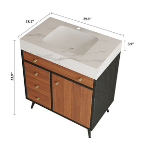 English Elm 29.9" Floating Bathroom Vanity Sintered Stone Top Soft Close Drawers Bronze Gold Hardware Black,Brown,Gold,White W3136S00046
