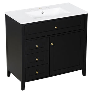 English Elm 36-Inch Black Bathroom Vanity With Sink – Modern Design, 3 Drawers, Adjustable Shelf For Storage N725P350821B