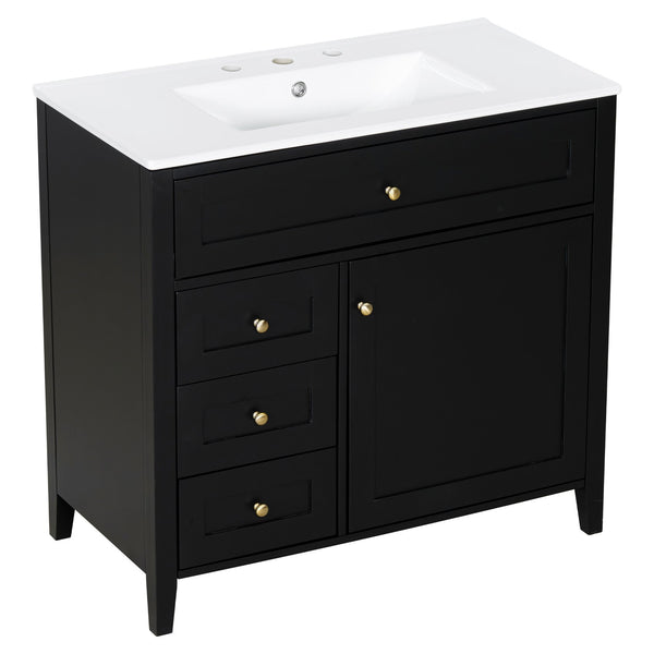 English Elm 36-Inch Black Bathroom Vanity With Sink – Modern Design, 3 Drawers, Adjustable Shelf For Storage N725P350821B