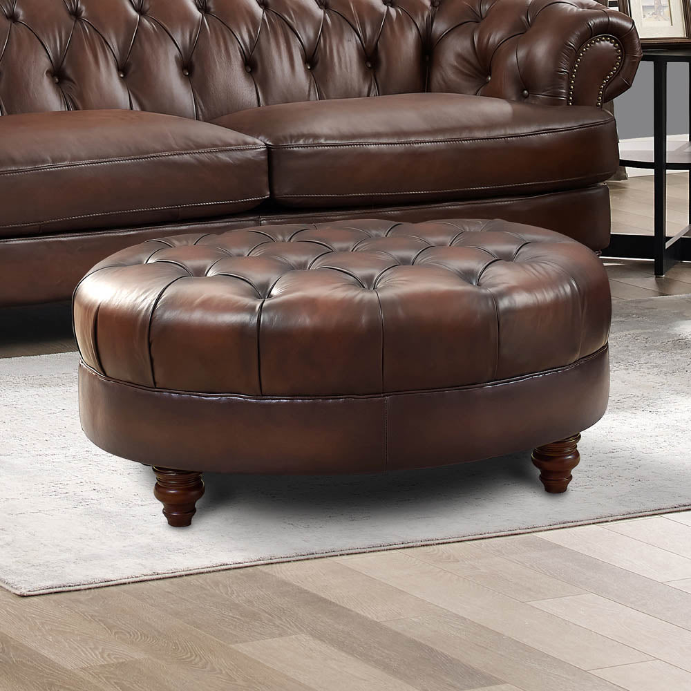 English Elm Newport Hand-Finished Leather Ottoman with Nail-Head Trim, Serpentine Front Rail & Turned Legs B2705P211813