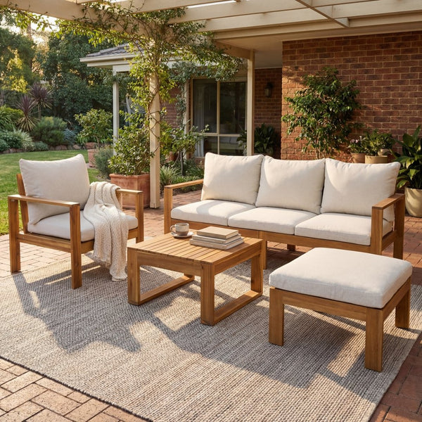 English Elm Outdoor Acacia Wood 4 Piece Sectional Set with Sofa Chair Ottoman and Table N757S454830B