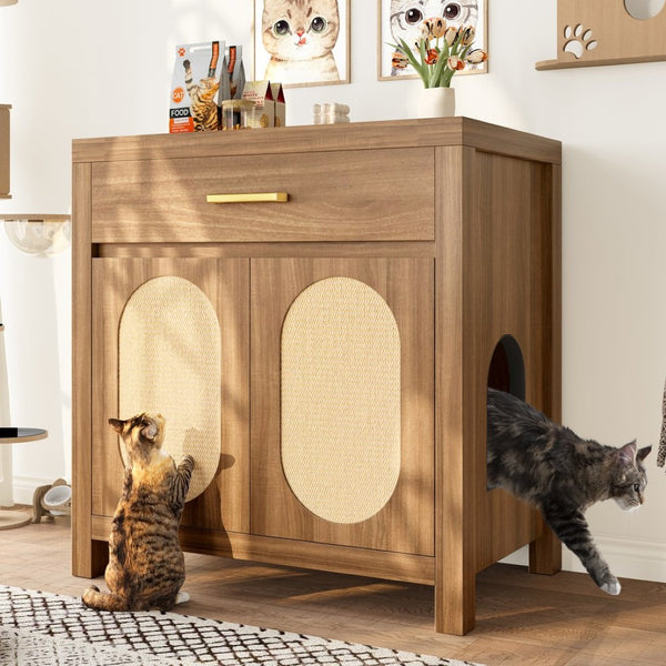 English Elm Cat Litter Box Cabinet with Sisal Doors Storage Drawer and Nightstand Surface N704P379111P
