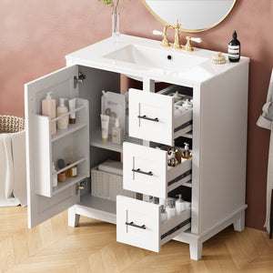 English Elm 30-inch Modern Bathroom Vanity with Ceramic Basin, Rubberwood Frame, Soft-Close Drawers & Organized Storage White N729P290689K