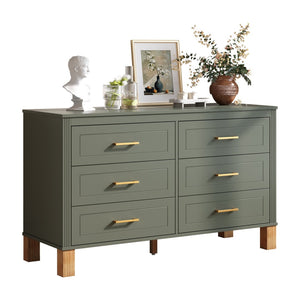 English Elm 6-drawer Double Dresser Solid Wood Legs Mid-century Modern Bedroom Storage Cabinet Olive W1445S00005