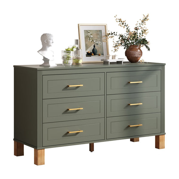 English Elm 6-drawer Double Dresser Solid Wood Legs Mid-century Modern Bedroom Storage Cabinet Olive W1445S00005